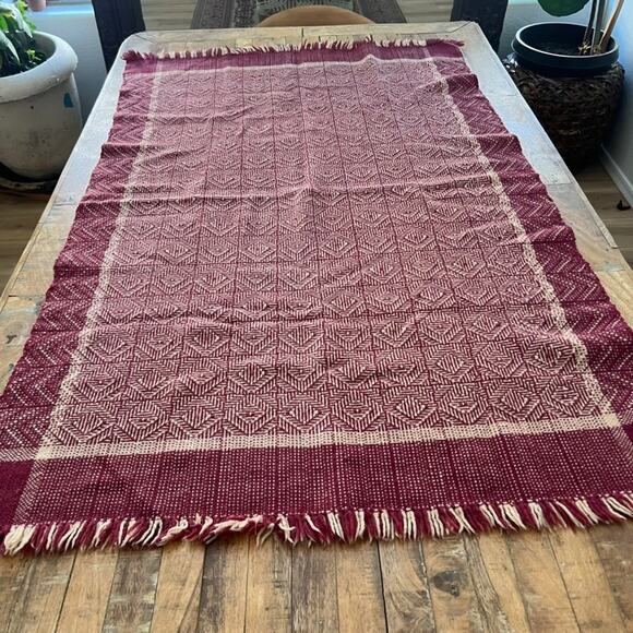Hand Woven Wool Blanket 58 x 36" by Laura Lenglet Maroon Ivory Geometric Fringe - Picture 1 of 7